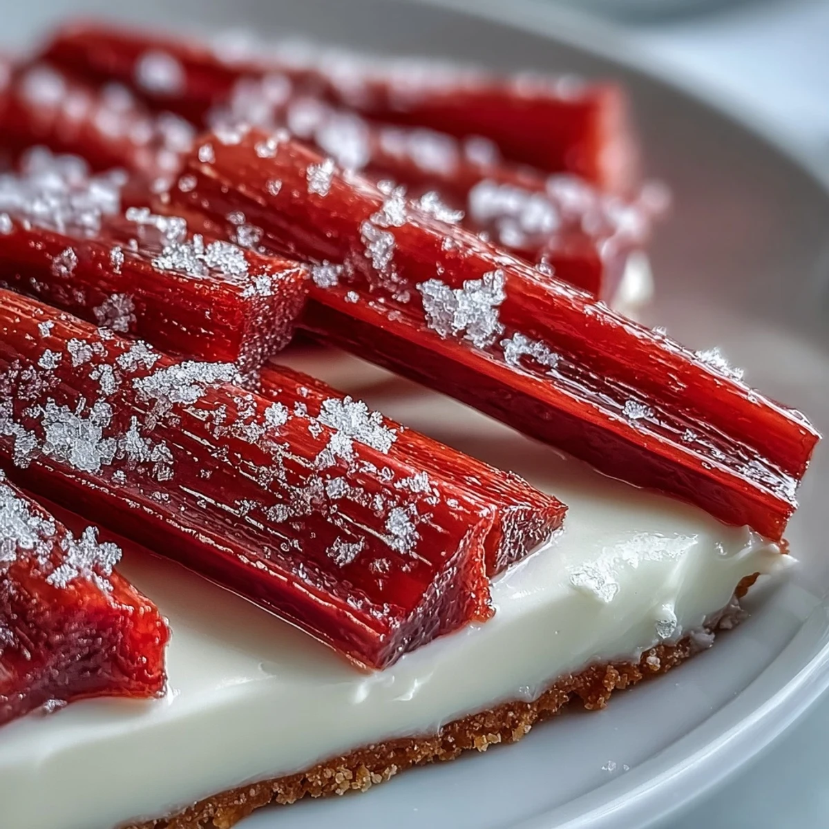 Close-up of Rhubarb, White Chocolate, and Elderflower Tart with creamy custard and roasted rhubarb batons.