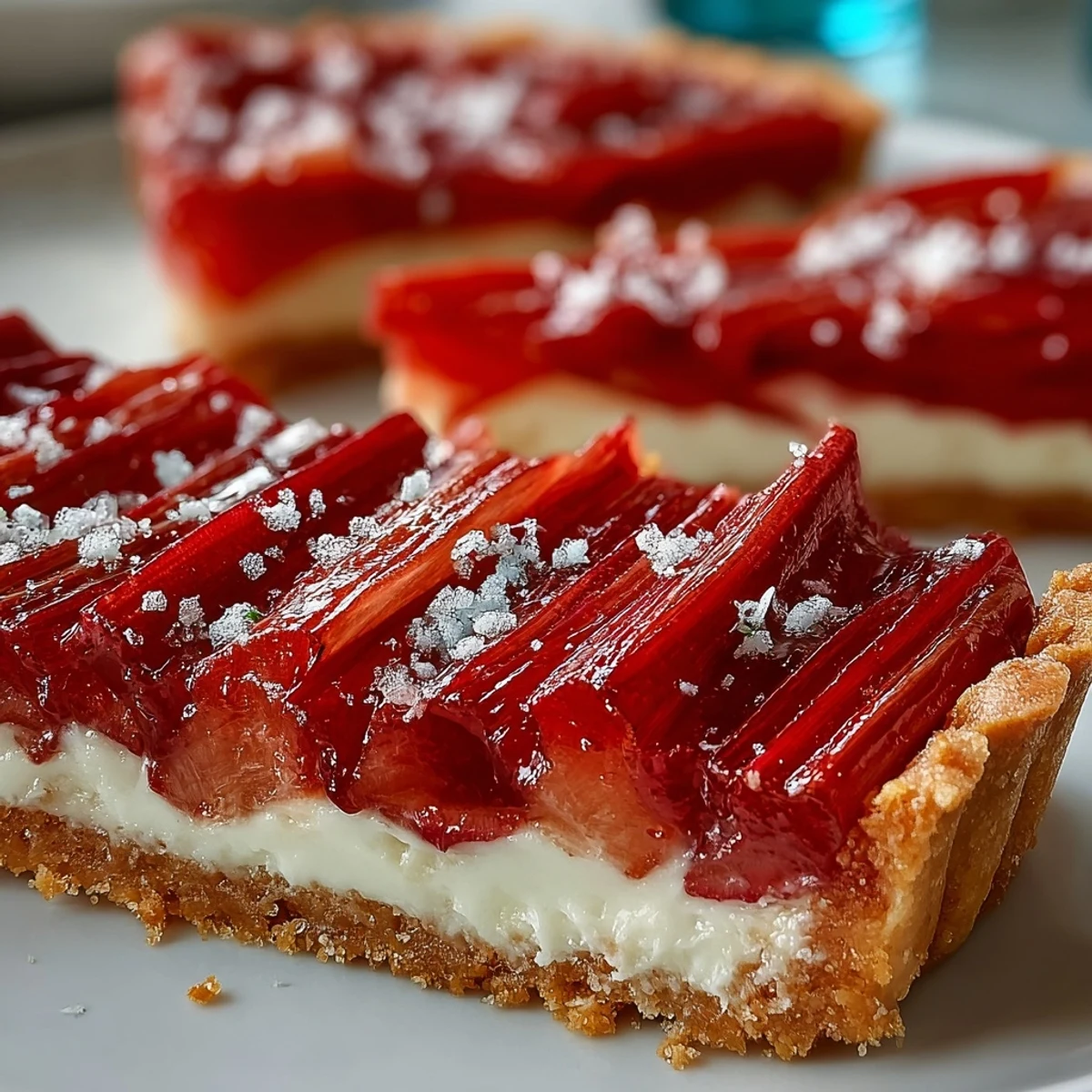 Freshly assembled Rhubarb, White Chocolate, and Elderflower Tart on a ceramic platter ready for spring.