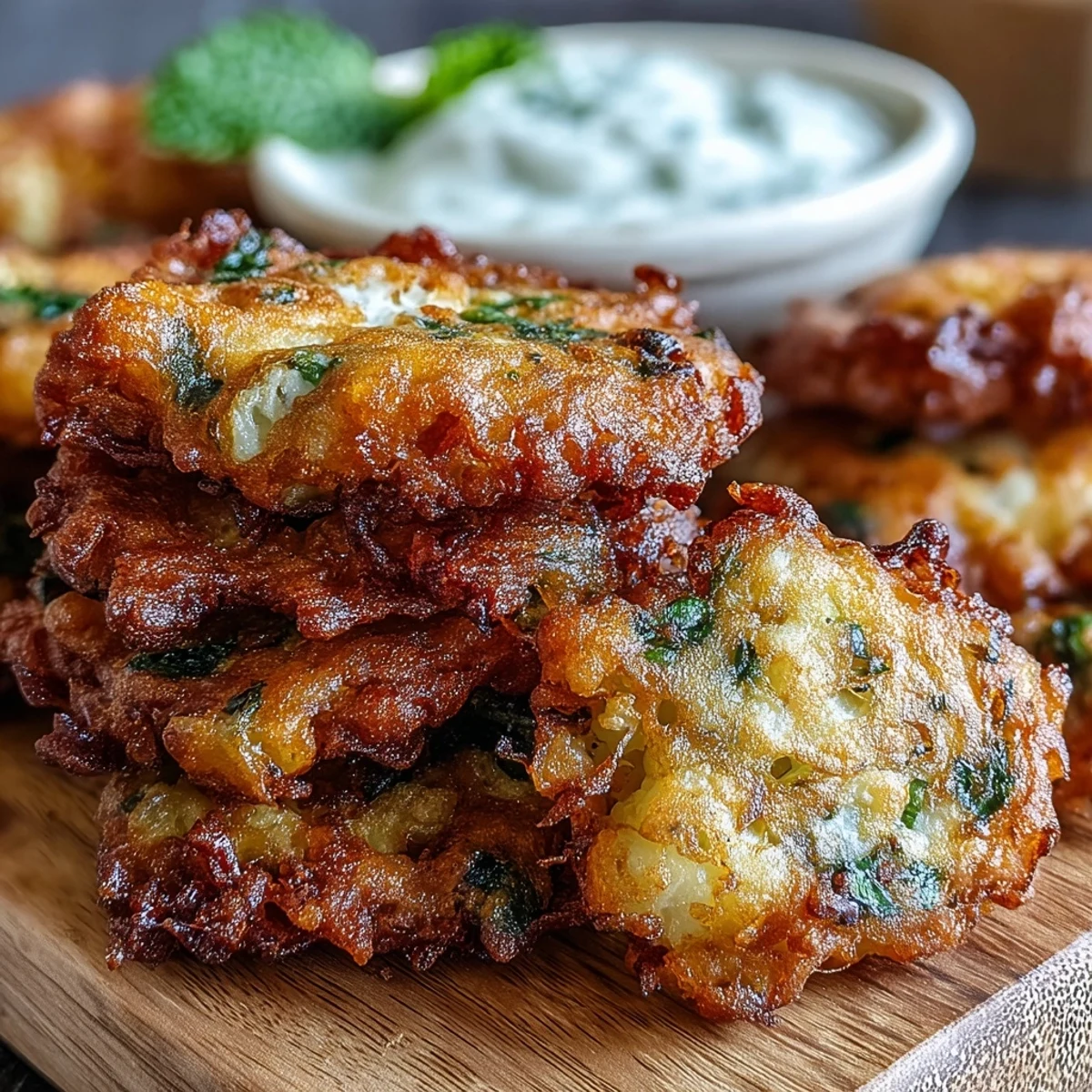 Crispy golden Cauliflower Bhajis fritters with a cooling mint yogurt dip on a plate.