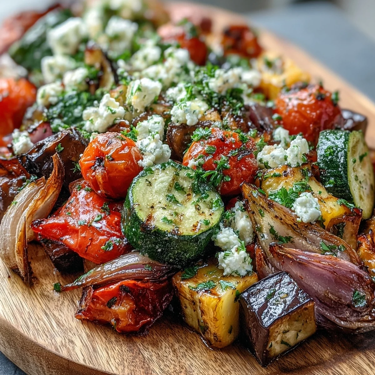 Bright platter of Roasted Mediterranean Greek Vegetables topped with feta and parsley.