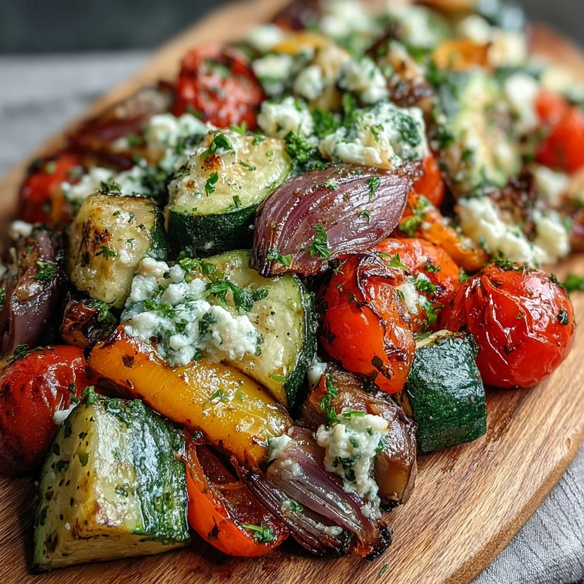 Roasted Mediterranean Greek Vegetables sizzling with caramelized edges on a baking sheet.