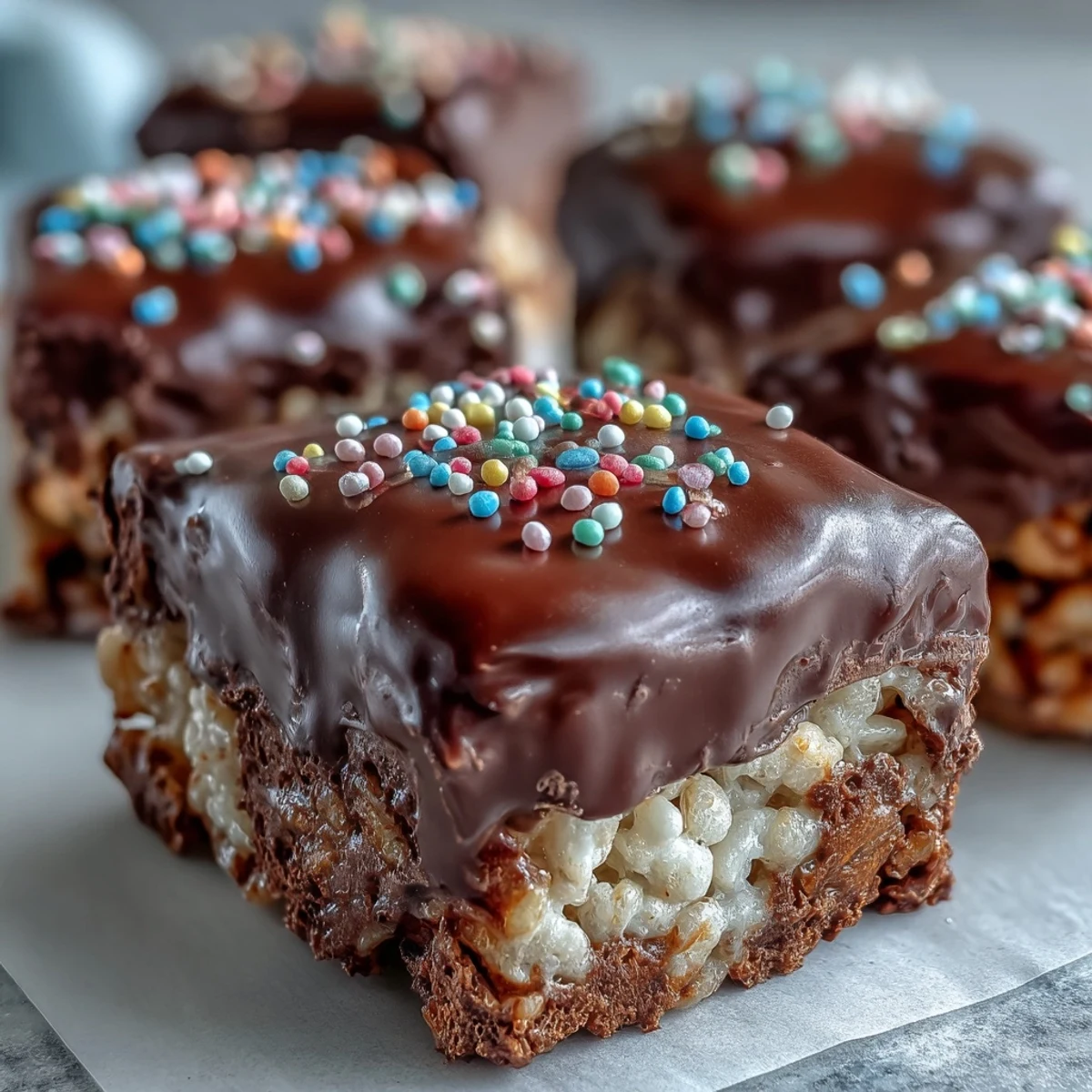 Golden-brown Chocolate Covered Rice Krispy Treats stacked on a white plate, showcasing the crunchy cereal and gooey marshmallow center under a glossy chocolate coating.