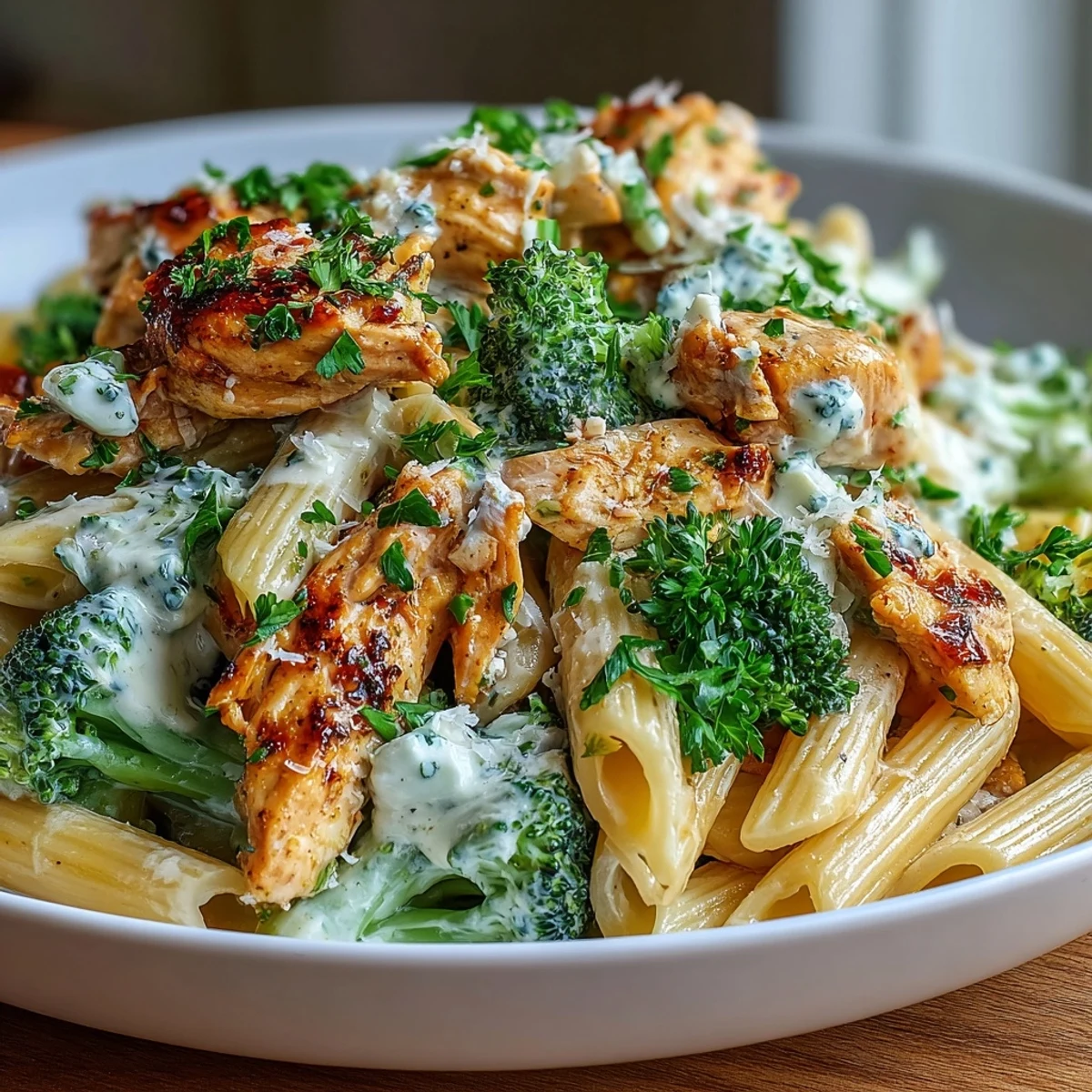 A skillet of High Protein Rotisserie Chicken Broccoli Pasta topped with fresh parsley and grated Parmesan, next to a lemon wedge and a fork ready to serve.