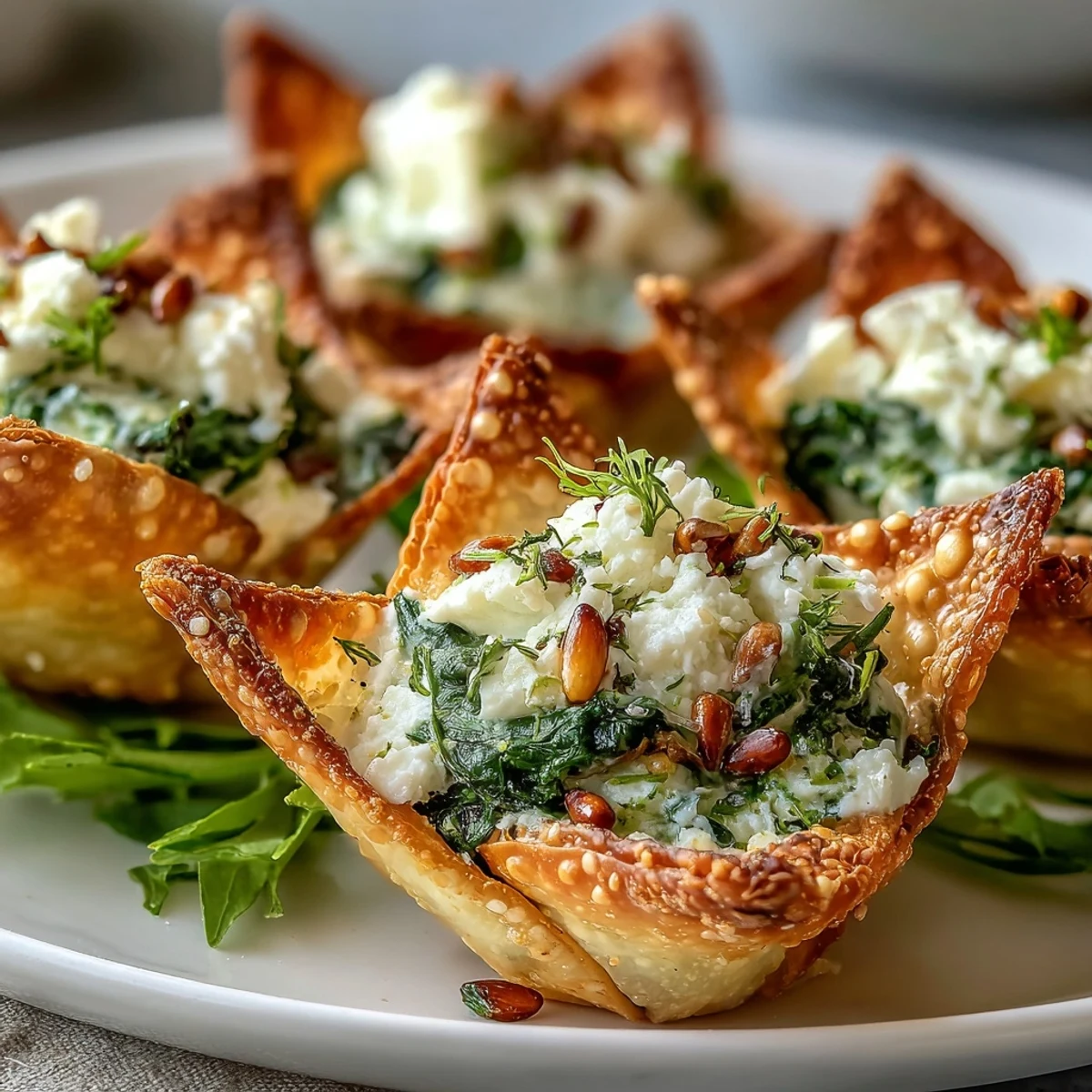 Golden baked wonton cups filled with creamy Mediterranean spinach and feta crisps garnished with sesame seeds.