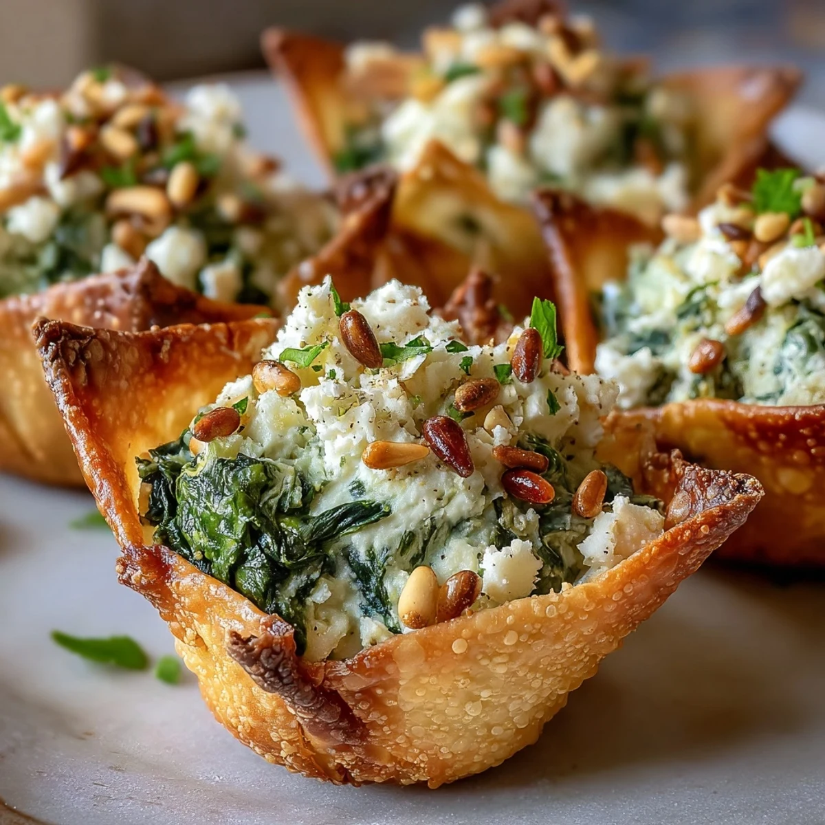 Freshly baked Mediterranean spinach and feta crisps in mini muffin tins with aromatic oregano and dill.