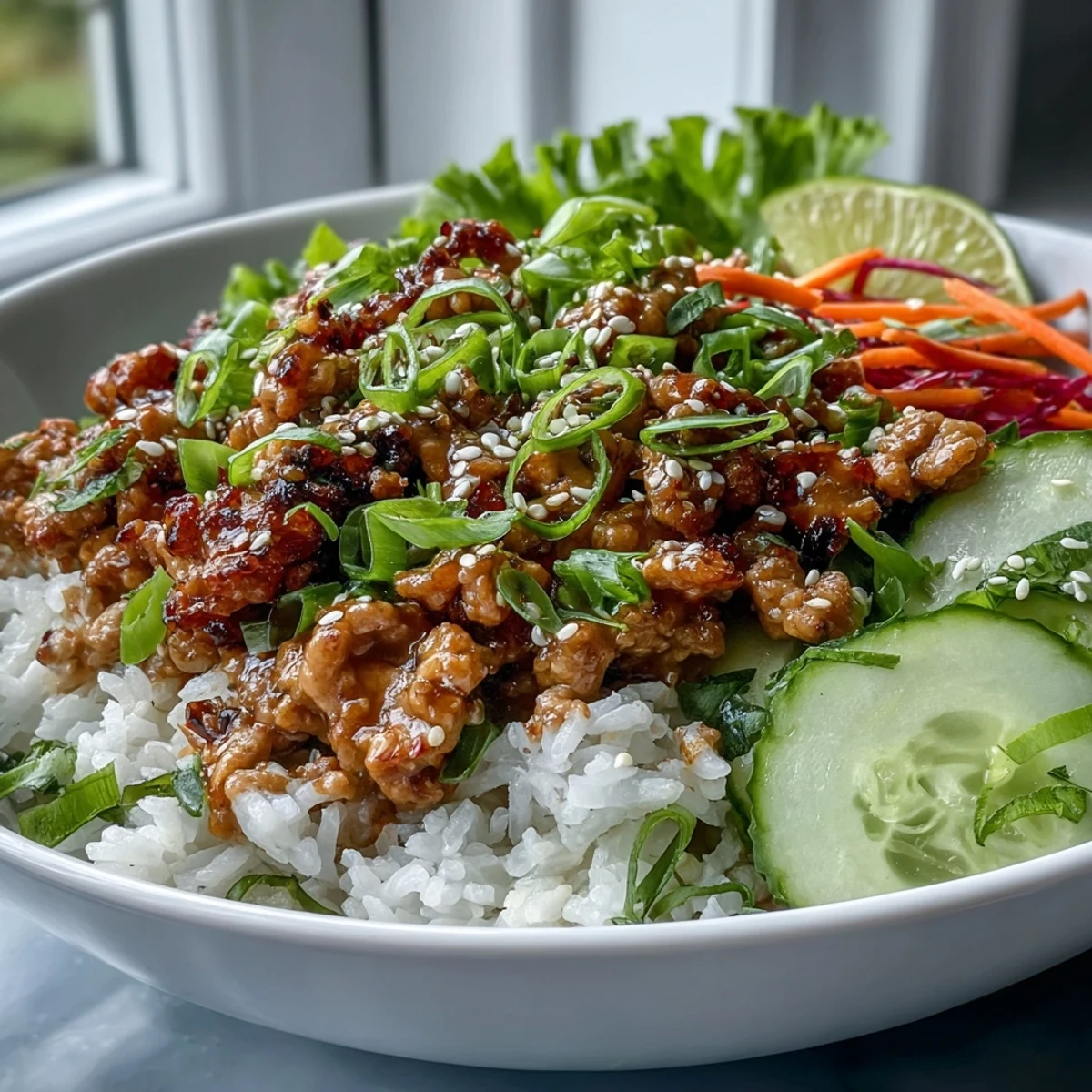 Drizzled Bang Bang Ground Turkey Rice Bowls with carrots, cucumbers, and fresh lime on the side.
