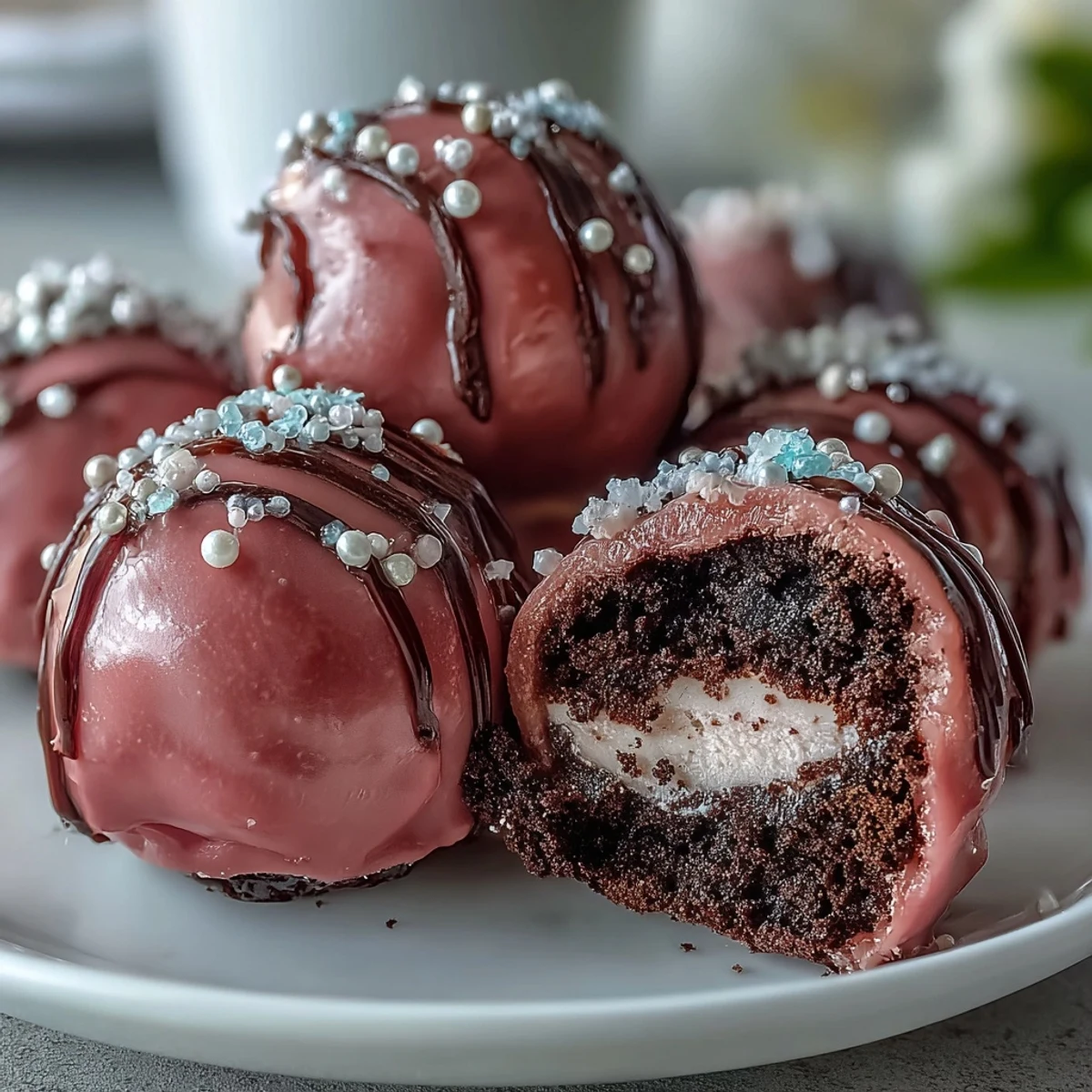 Chilled Oreo Truffle Balls display a vibrant pink candy coating, studded with festive sprinkles and ready to serve on a dessert platter.