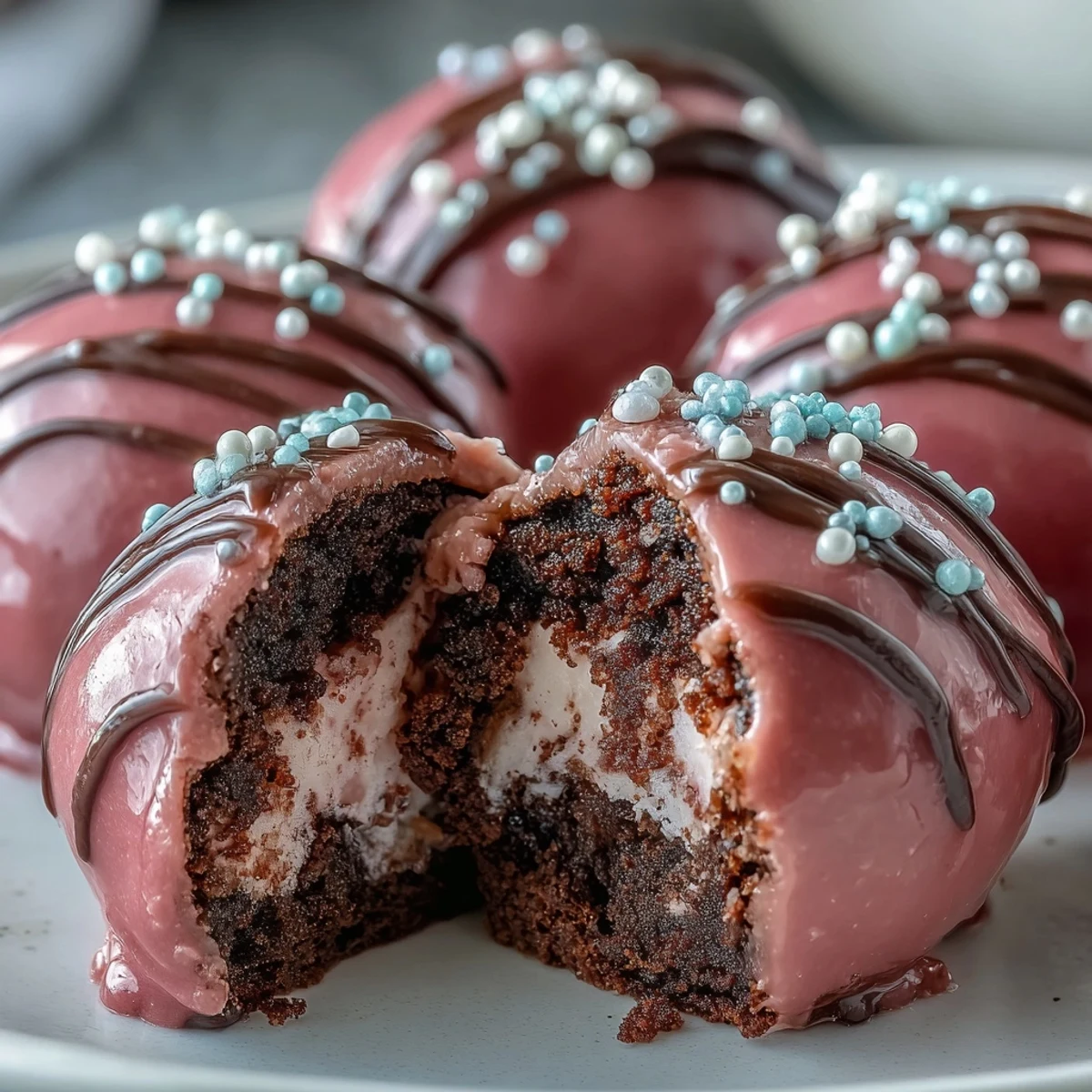 Close-up of Oreo Truffle Balls shows a fork lifting a bite-sized treat, highlighting the smooth pink shell and rich Oreo filling inside.