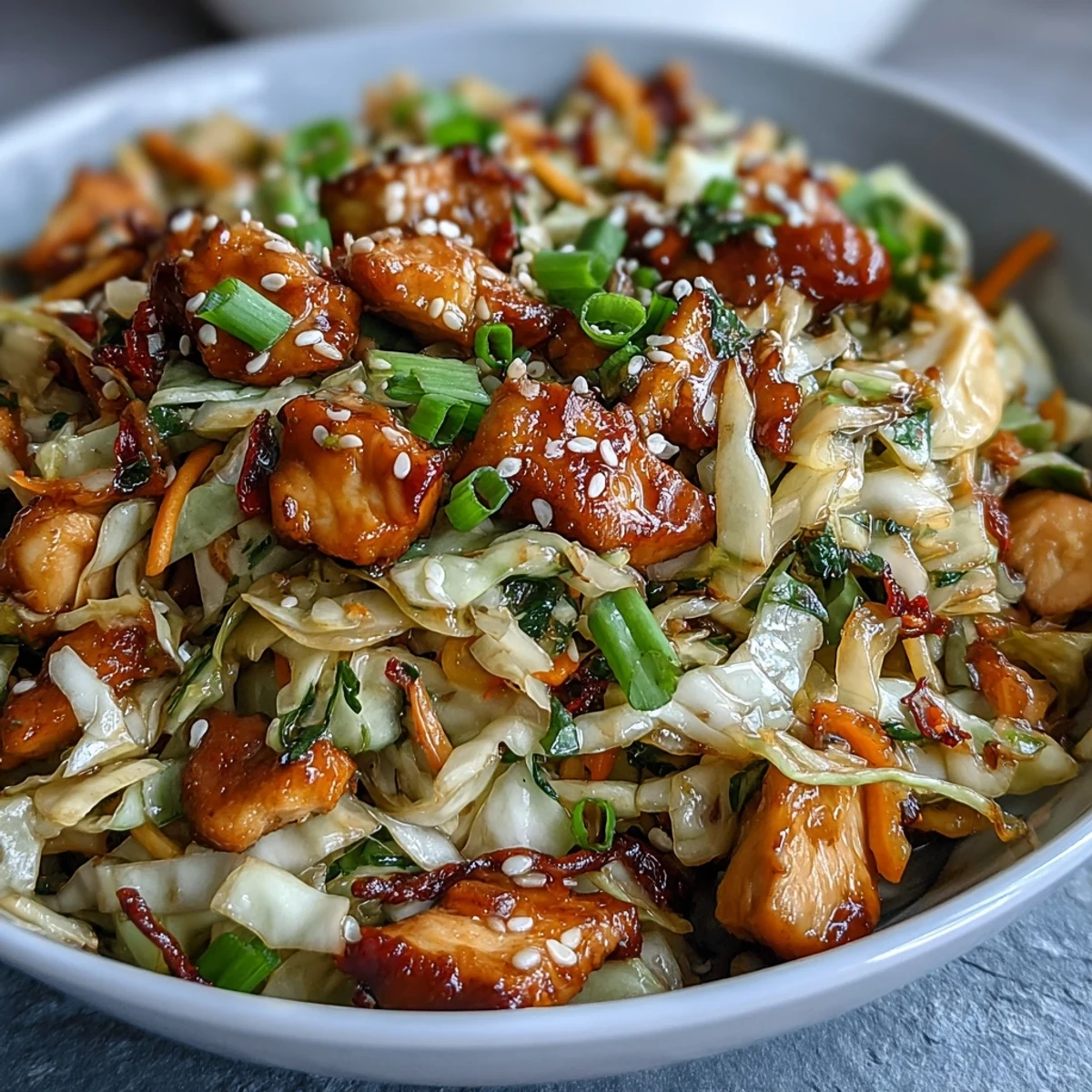 Sizzling chicken, ginger, and onions mingle with crisp cabbage in a tangy soy-sesame glaze, ready to serve in warm bowls.