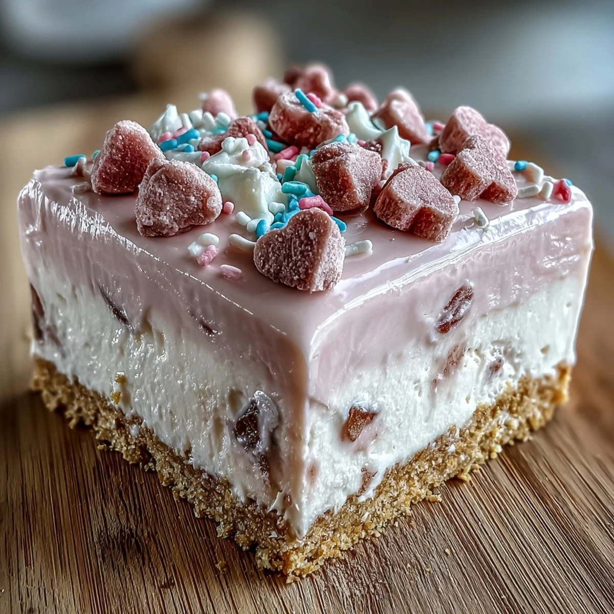 Sliced Candy Hearts Fake Cake reveals whipped frosting, candy hearts, and a graham cracker base.