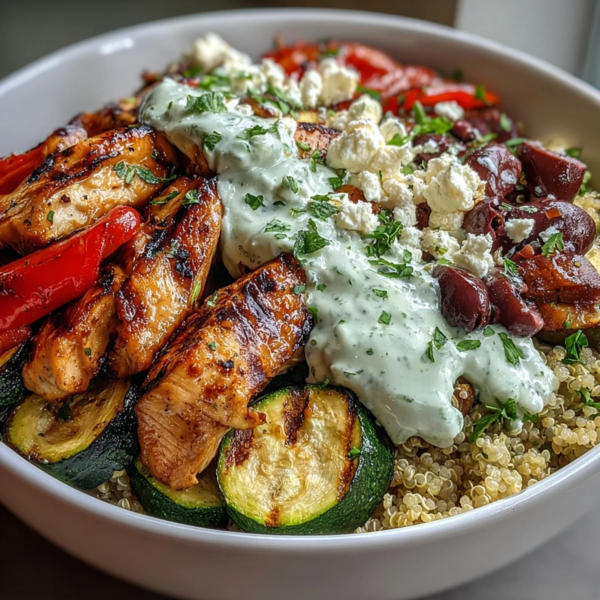 Charred zucchini, bell peppers, and eggplant mingle with juicy chicken atop nutty quinoa for a Healthy Grilled Mediterranean Bowl.