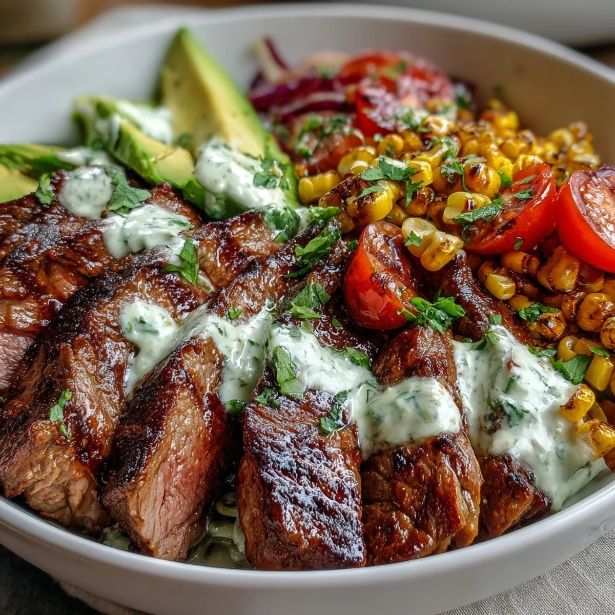 Sliced tender steak, bright cherry tomatoes, and zesty red onion mingle with fluffy quinoa in a colorful Tex-Mex bowl, drizzled generously with silky homemade cilantro cream sauce.