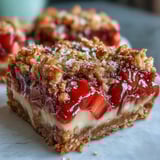 A single Rhubarb and Custard Crumble Bar is lifted to reveal layers of shortbread base, tangy fruit, and creamy vanilla custard.