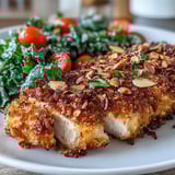 Close-up of crispy almond parmesan coated chicken served with fresh kale salad featuring red onion and toasted almonds.