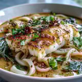 A close-up of Poached Cod With Spiced Coconut Broth and Udon Noodles, garnished with chili slices for heat.
