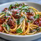 Steaming skillet of Italian Drunken Noodles with spicy sausage, halved cherry tomatoes, and Chianti tomato sauce.