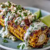 Golden grilled corn on the cob smothered in tangy Mexican crema and topped with crumbled cheese and cilantro.