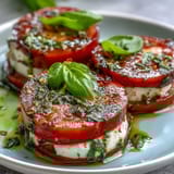 Fresh Caprese salad with basil oil, layered tomatoes and mozzarella, garnished with whole basil leaves.
