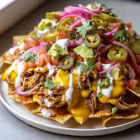 Loaded nachos with pulled pork: a close-up of cheesy, layered deliciousness and tender pulled pork.