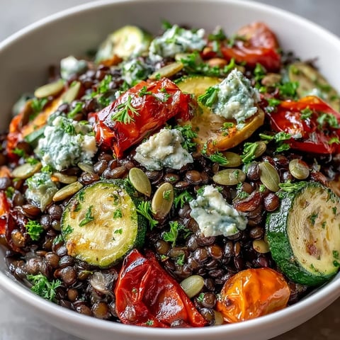 Vibrant black lentil salad with roasted red bell peppers and zucchini in a lemon dressing.