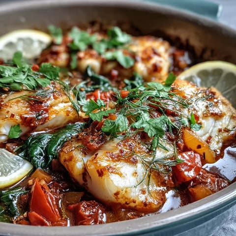 Spiced Cod One Pot simmering with colorful peppers, spinach, and tomatoes in a single skillet for easy cleanup.