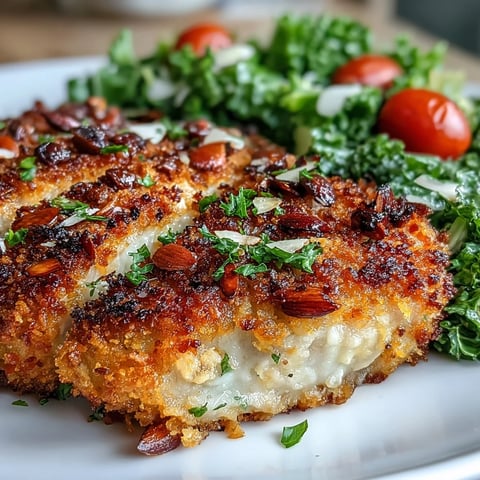 Golden-brown almond-crusted chicken breasts rest beside a vibrant bowl of marinated kale and sumac salad with cherry tomatoes.