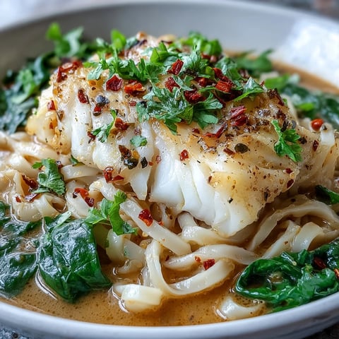 Silky udon noodles and tender poached cod in a fragrant coconut broth, topped with fresh cilantro and scallions.