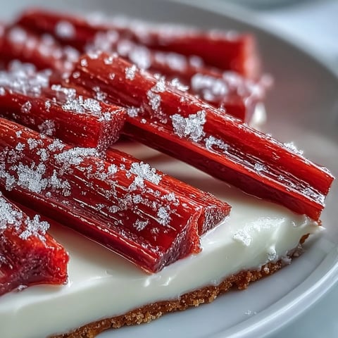 Close-up of Rhubarb, White Chocolate, and Elderflower Tart with creamy custard and roasted rhubarb batons.