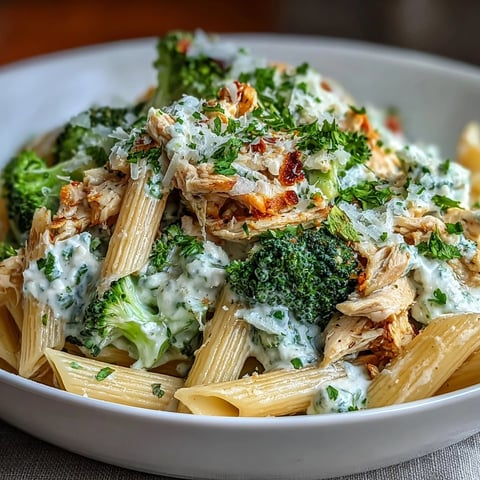 Bright green broccoli florets and juicy shredded rotisserie chicken are tossed in a creamy Greek yogurt sauce with whole-wheat penne and lemon zest for a high protein weeknight dinner.