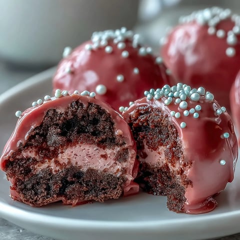 Smooth, pink-coated Oreo Truffle Balls rest on parchment, their glossy shells shimmering and a few cracked to reveal the creamy chocolate center.