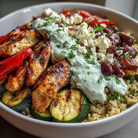 Charred zucchini, bell peppers, and eggplant mingle with juicy chicken atop nutty quinoa for a Healthy Grilled Mediterranean Bowl.