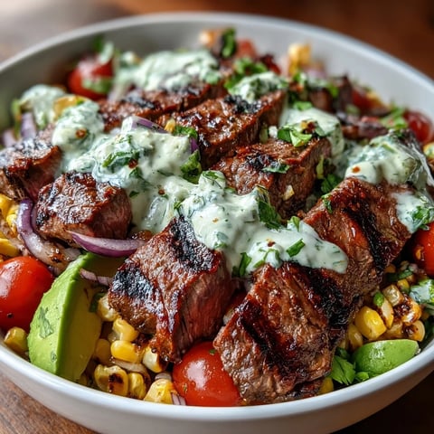 Juicy grilled flank steak and charred roasted corn top a vibrant bowl with creamy avocado and Cotija cheese in this gluten-free Steak, Avocado, and Roasted Corn Bowl with Cilantro Cream Sauce.