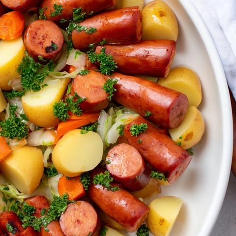 Golden potatoes and kielbasa combine to create this flavorful Rustic Flint-Style Skillet Plate, served with mustard.