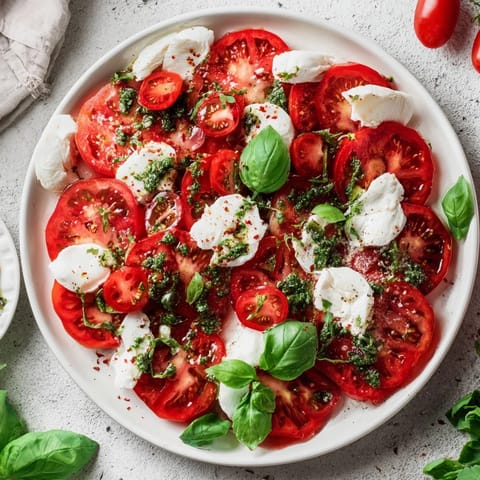 Beautiful Caprese salad, showing juicy tomatoes and mozzarella mingling with the vibrant basil vinaigrette's flavor.