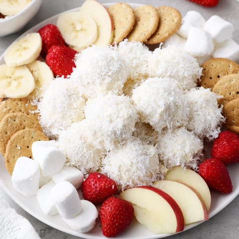 Bright image: a festive Marshmallow Snowball Dip Platter perfect for a holiday party, creamy and sweet.