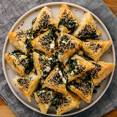 Golden, flaky Mini Spanakopita Triangle Cluster with a savory spinach and feta filling, ready to serve.