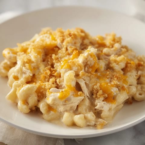 A close-up of creamy Struggle Meal Chicken Macaroni shows the tender pasta and shredded chicken.