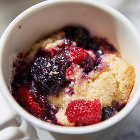 Warm, fragrant Mixed Berry Cobbler Mug Cake, showing the perfect mix of sweet and tart flavors.