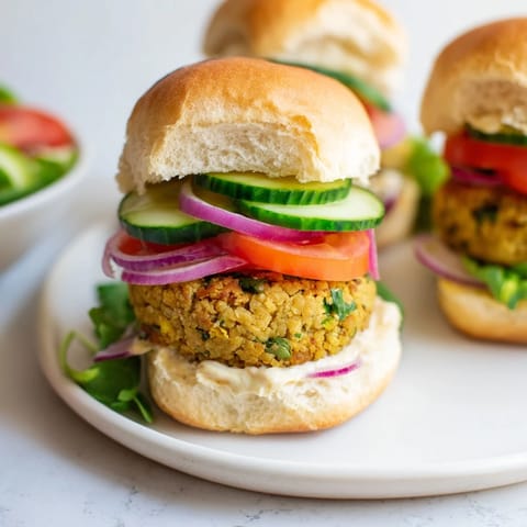 Close-up of Baked Falafel Sliders showcasing the crispy exterior of the mini chickpea burgers.