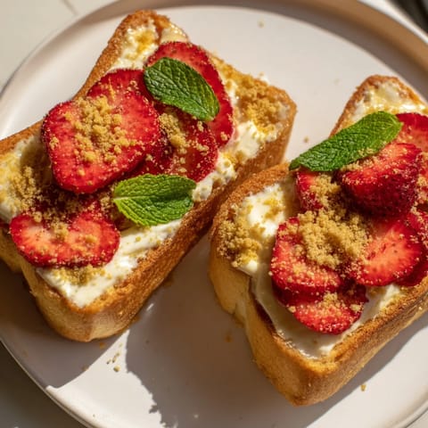 Fresh strawberry cheesecake toast: sweet, vibrant strawberries over fluffy cream cheese on golden toast.