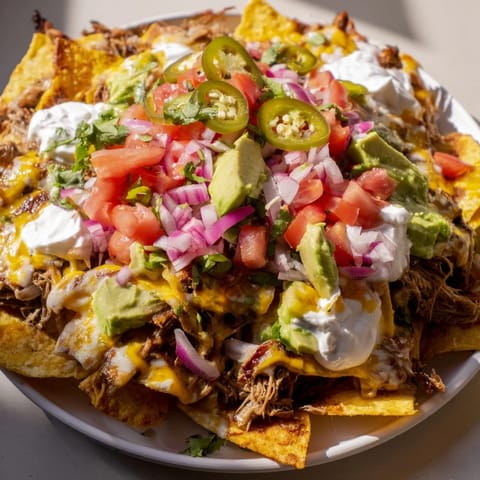 Golden, crispy tortilla chips loaded with pulled pork, queso, and fresh toppings make savory nachos.