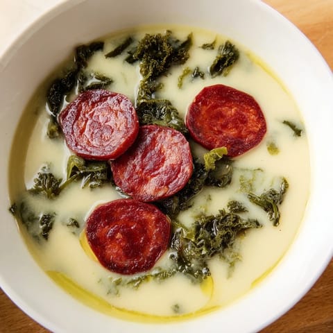 Close-up of creamy Portuguese Caldo Verde, a vibrant green soup, perfect for cozy nights.