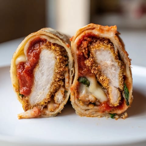 A close-up of a Crispy Chicken Parm Wrap cut in half, revealing the tender breaded chicken and bright red marinara.