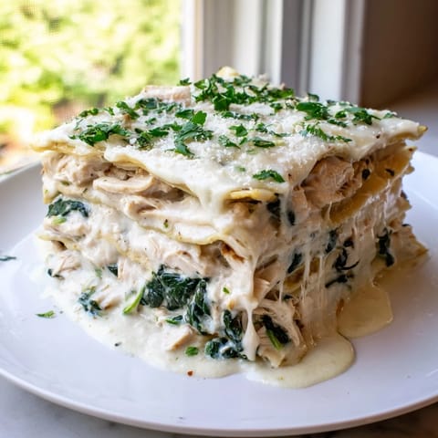 Layers of tender chicken, creamy Alfredo sauce, spinach, and pasta in a slice of Chicken Alfredo Lasagna.