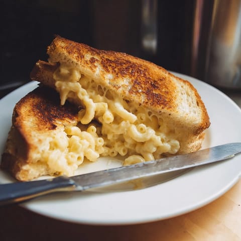 A close-up reveals the gooey, melted cheddar interior of a Mac & Cheese Grilled Cheese, served on a rustic plate ready to be enjoyed.