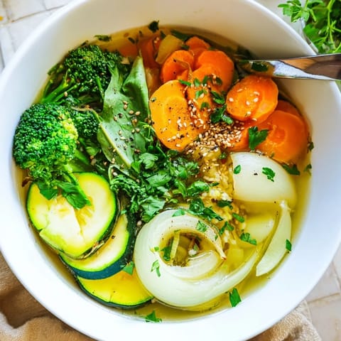 Serving suggestion for the anti-inflammatory Collagen-Boosting Broth Bowl, garnished with fresh parsley, sesame seeds, and a lemon wedge.  