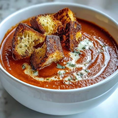 A bowl of homemade roasted tomato soup garnished with golden, crispy croutons, served fresh from the stove.