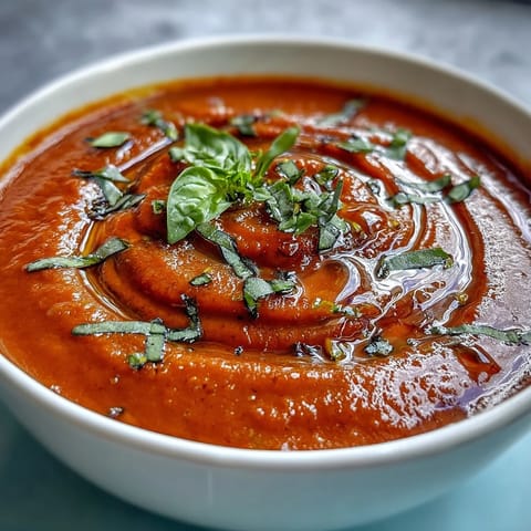Fresh, creamy tomato and basil soup served steaming in a rustic bowl, garnished with a drizzle of olive oil and basil leaves.