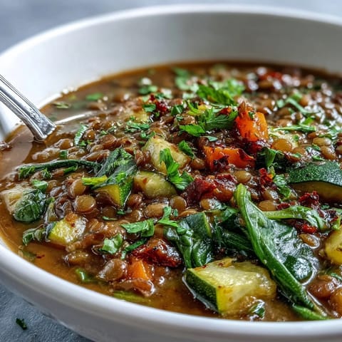 A hearty lentil soup simmering in a pot, filled with carrots, celery, and spinach.