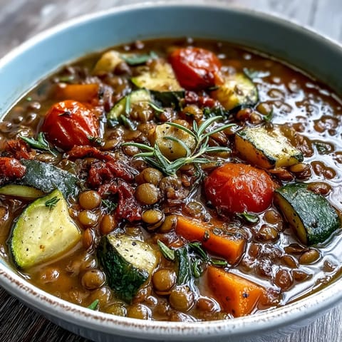 Close-up of rich Lentil and Vegetable Soup in a rustic bowl, showcasing caramelized carrots, celery, and a fresh parsley garnish.